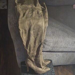 Olive Suede Over-the-Knee Stiletto Boots
